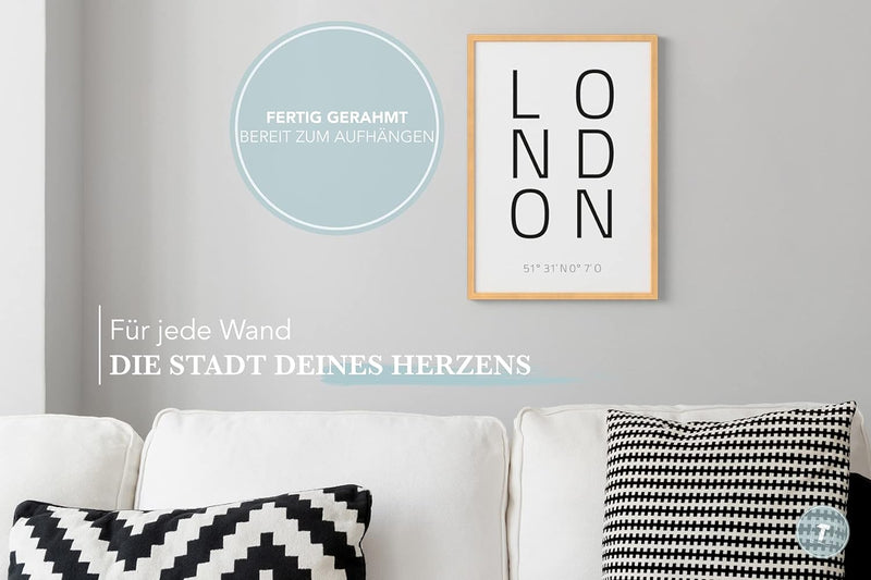 Papierschmiede® Geo Poster Koordinaten London, A3 Gerahmt im Natur-Holzrahmen, Stadt Bild als Wandde