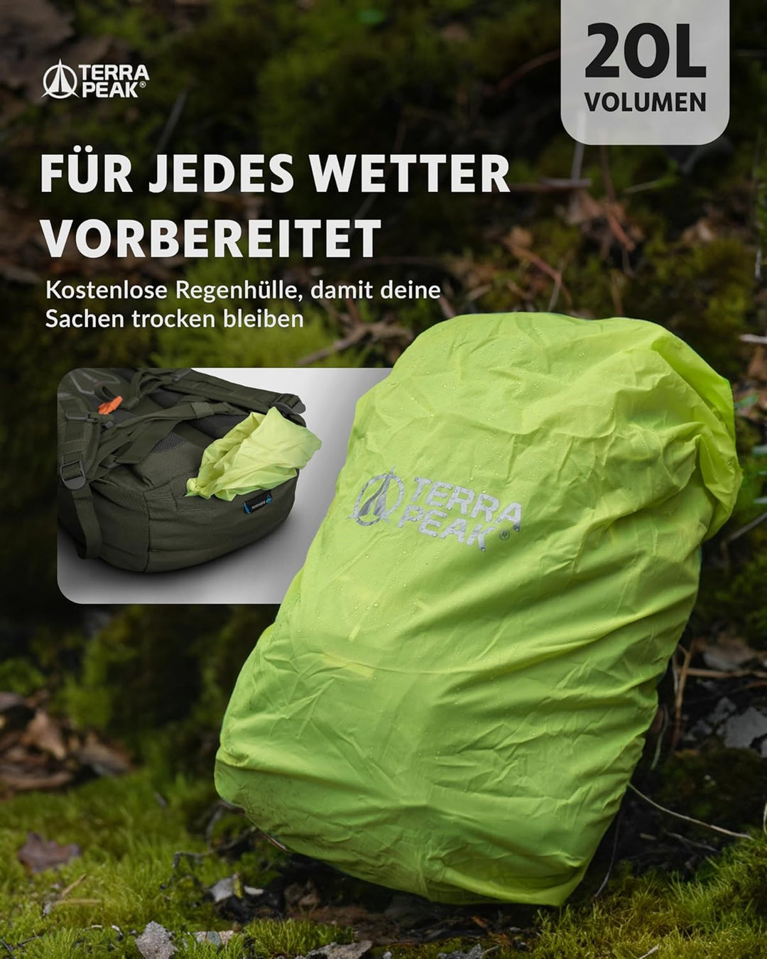 Terra Peak® Premium Wanderrucksack 20L (FLEX 20) klein mit Rückenbelüftung, Regenschutz & Trinksyste