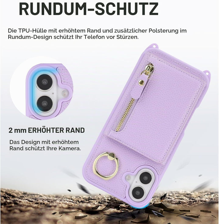 ELTEKER Handyhülle für iPhone 17 Hülle mit Band, Kartenfach Ringhalterung Reissverschluss Geldbörse,