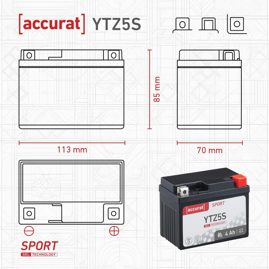 Accurat Motorradbatterie YTZ5S - 12V, 4Ah, 70A, zyklenfest, wartungsfrei, Gel - Starterbatterie, Bat