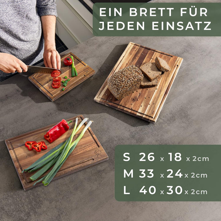 WALDWERK Schneidebrett 3er Set (40x30 / 33x24 / 26x18cm) aus massiver Akazie - Schneidebretter mit B