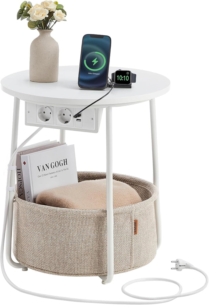 VASAGLE Beistelltisch rund, Kleiner Tisch, Couchtisch mit Steckdose, Wohnzimmertisch, Korb aus Stoff