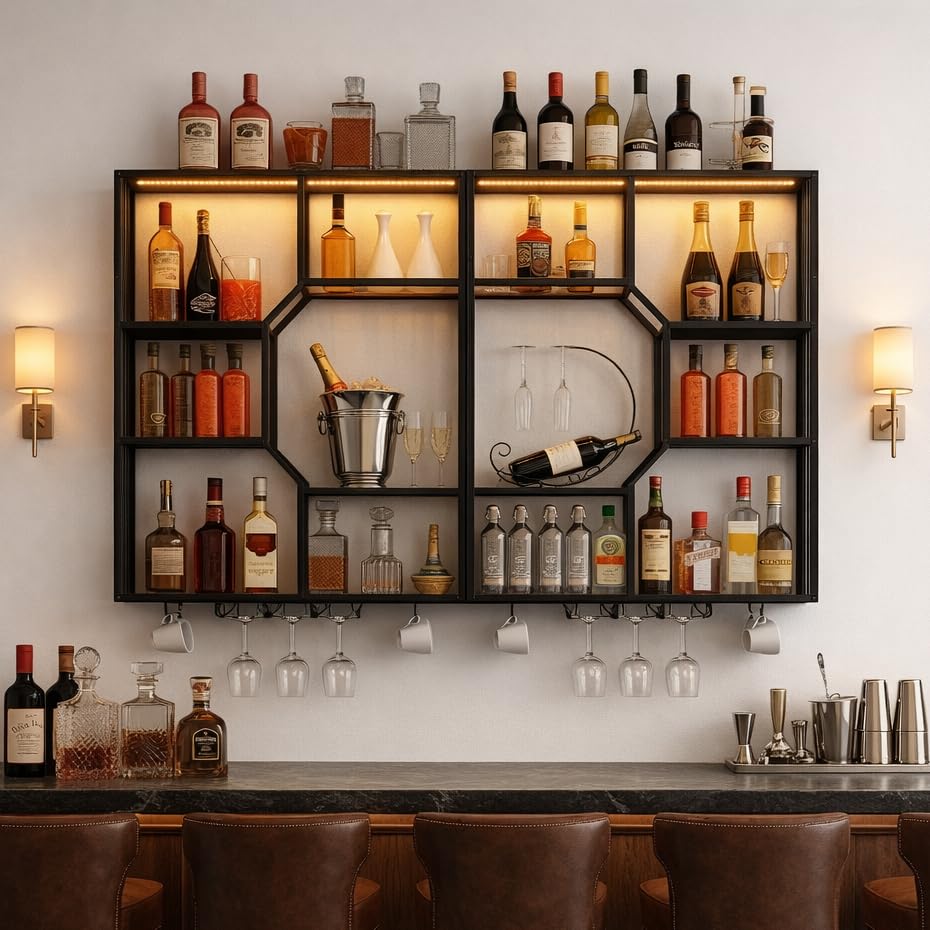 YOURLITE Weinregal Wand mit LED-Beleuchtung Metall,Bar Regal mit Glashalter,Wandmontage Wine Display