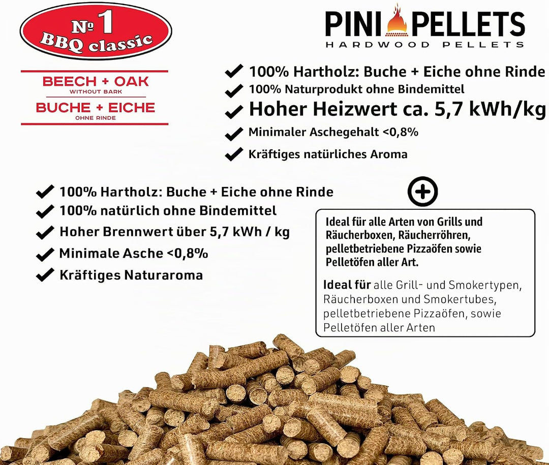 PINI Hartholz Pellets №1 BBQ Klassik 15 Kg Grillpellets zum Grillen Räuchern Smoken