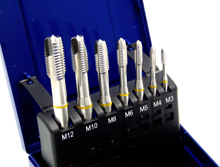 Maschinengewindebohrer Set 7-teilig M3 - M12 HSSE-Co5 DIN 371 Durchgangsloch Gelbring in Rosebox mit