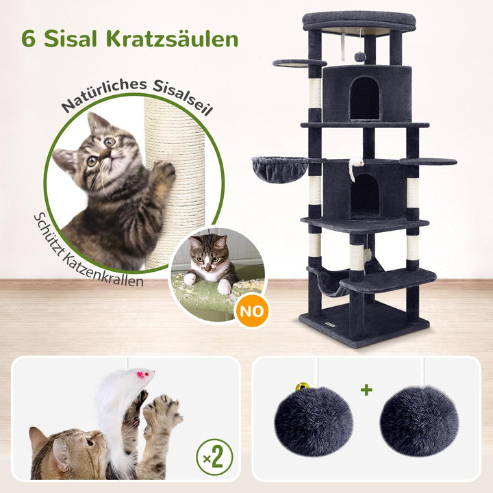 Globlazer Kratzbaum Katzen, Eckkratzbaum Stabil hoch 167 cm mit 2 Sektor Katzenhaus, Gepolsterte Pla