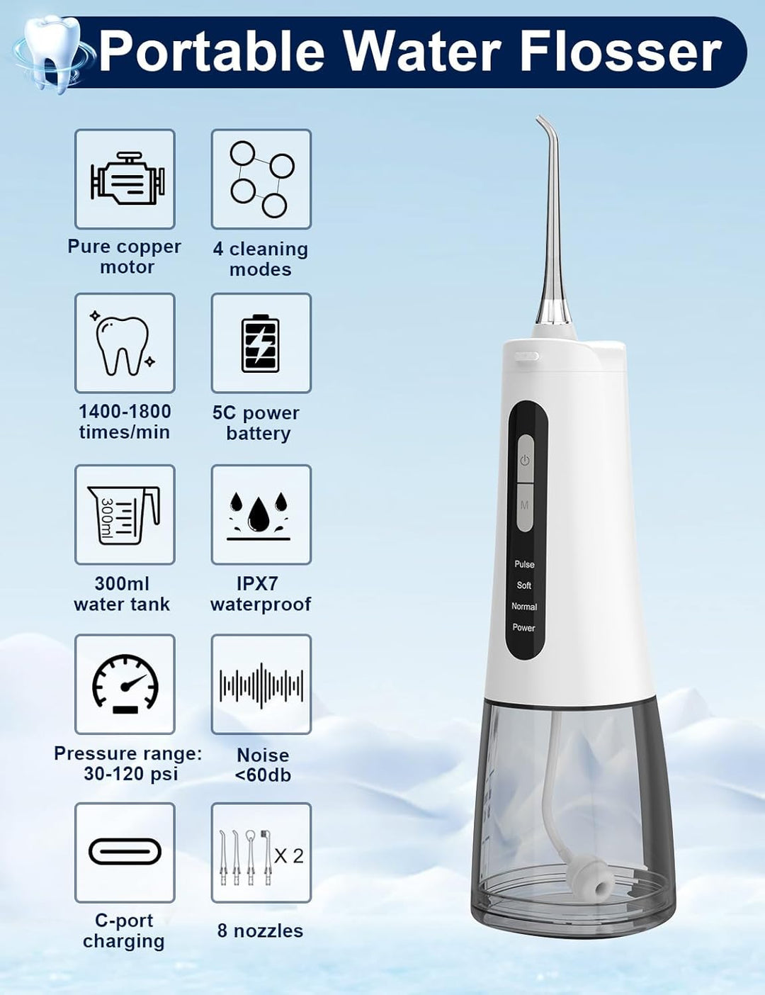 Munddusche Testsieger 2026 mit 300ML Wassertank, 4 Modi Water Flosser Kabellose Zahnreinigung, IPX7