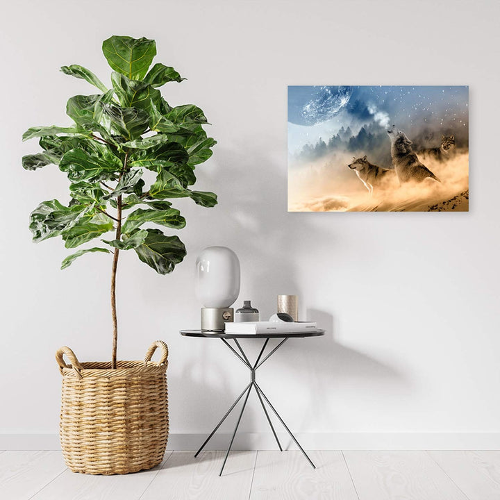 Wandbild XXL Wölfe Deko Kunst Bilder Mond Braun 120x80 cm Deko Paneel 120x80 cm Braun_a, Deko Paneel