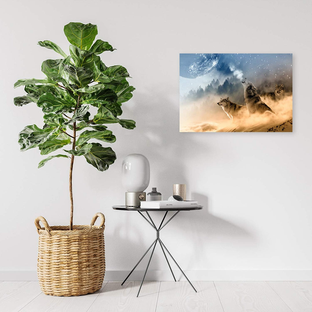 Feeby Wanddeko Wölfe Kunst modern Bilder Mond Braun 100x70 cm Deko Paneel 100x70 cm Braun_a, Deko Pa