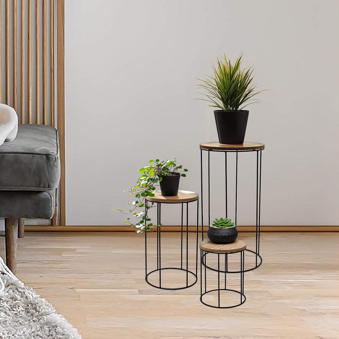 Holz Blumenhocker rund 3er Set - Ø 16 / 18 / 21 cm - Pflanzenständer mit Metall Gestell - Blumensäul