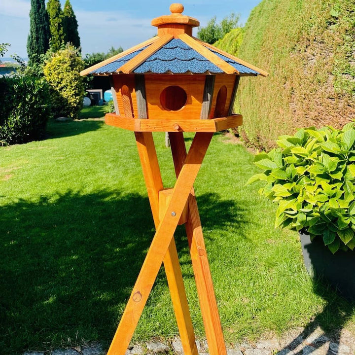 Vogel Futter Haus L oder XL Sechseck Holz Vogelhaus Futterstelle Braun/Blau, Rot, Schwarz und Grün (