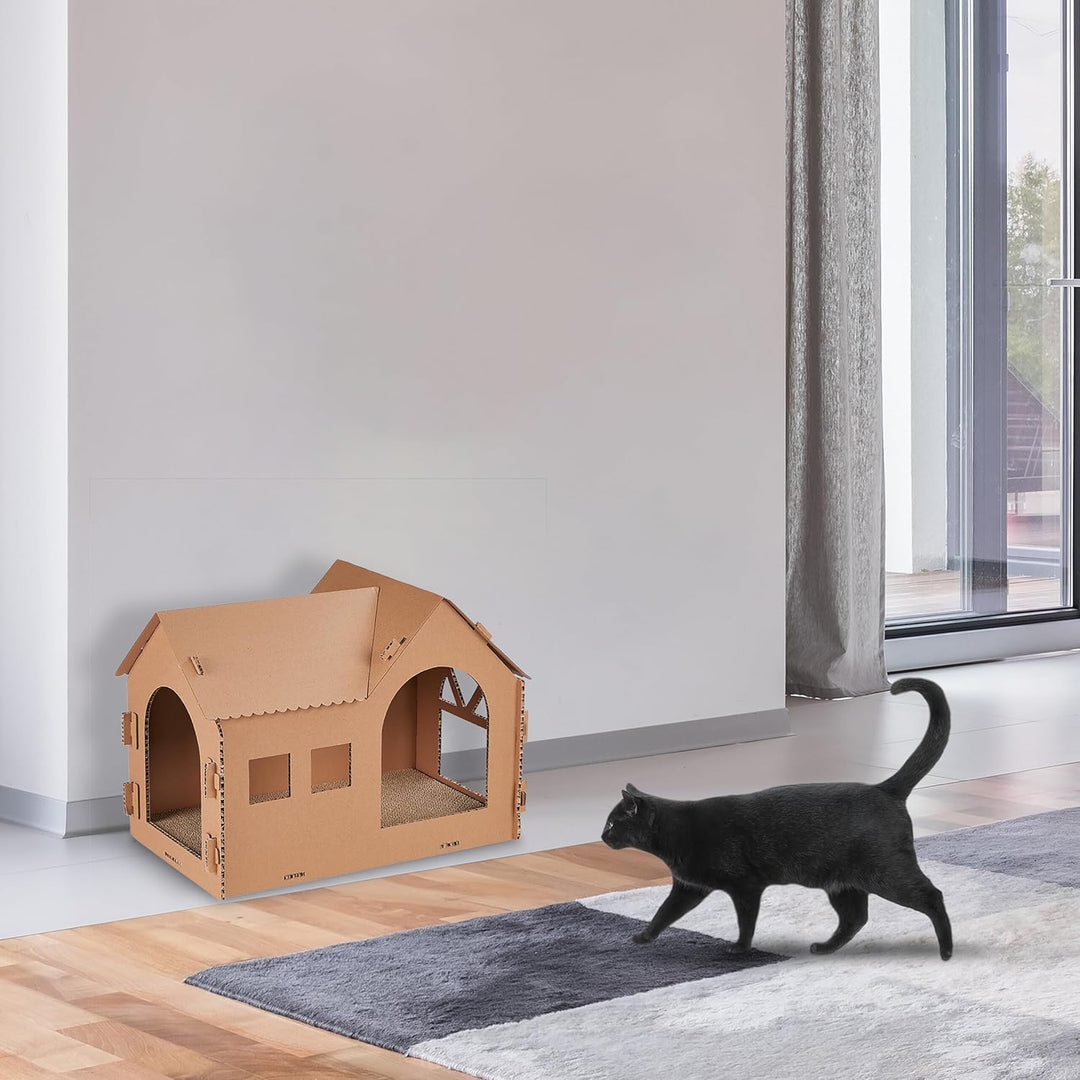 Relaxdays Katzenhaus Pappe, Katzenhöhle mit Kratzbrett, zum Zusammenbauen, inkl. Katzenminze, HBT 36