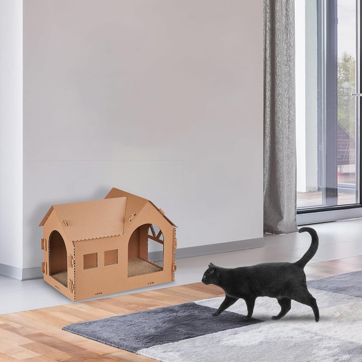 Relaxdays Katzenhaus Pappe, Katzenhöhle mit Kratzbrett, zum Zusammenbauen, inkl. Katzenminze, HBT 36