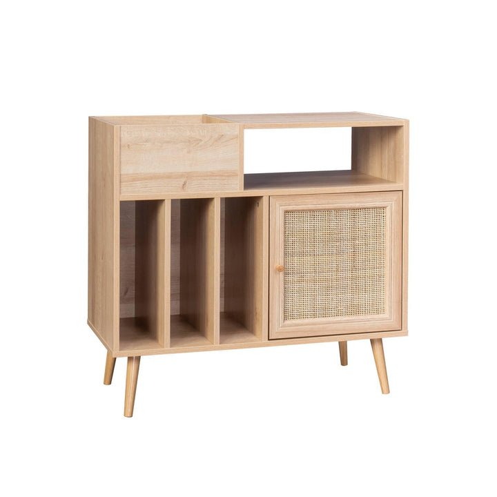 Schallplattenschrank mit Rohrgeflecht und Holzdekor Bohème, 1 Tür und 4 Fächer