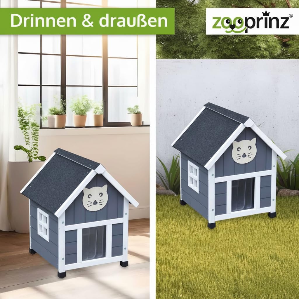 zooprinz Holz Katzenhaus – Katzenhütte im Skandi-Look, Grau-Weiss | Katzenkiste mit Bitumen-Dach für