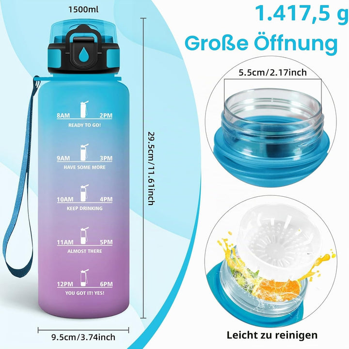 HoneyHolly Trinkflasche 1500ML, Sportflasche mit Filter, Wasserflasche, Auslaufsicher mit Zeitmarkie