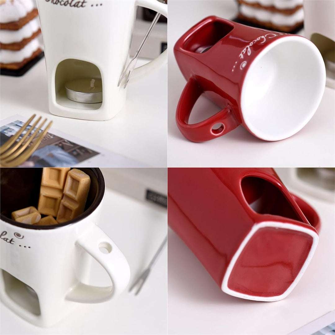 Schokofondue Tasse, 200ML Schokoladen Fondue Tassen mit Teelicht, Keramik Schokofondue Tasse Set mit
