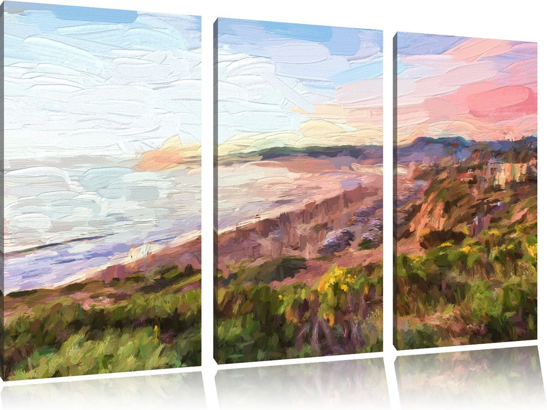 Pixxprint Küste und Strand mit Häusern als Leinwandbild/Grösse: 3 Teilig (120x80) cm/Wandbild/Kunstd