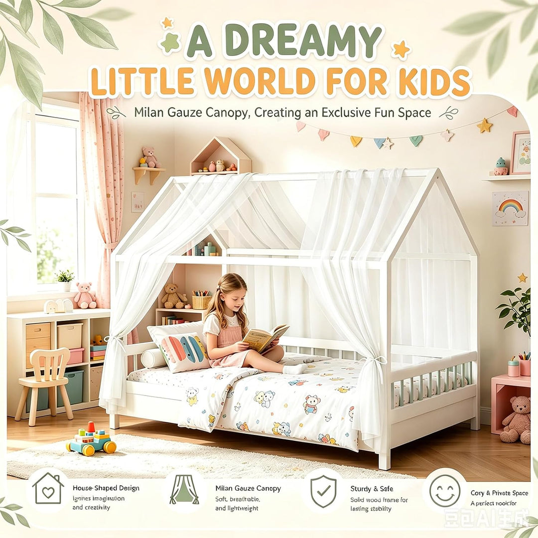 Hausbett Himmel Set 2-TLG - Betthimmel 150x350cm für Kinderbett Deko - Aus Atmungsaktivem Musselin m