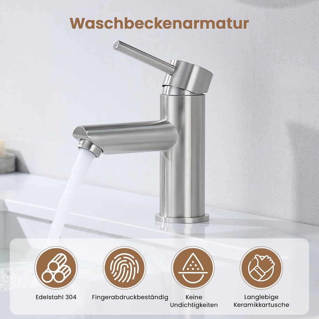 KPW Waschtischarmatur Edelstahl Gebürstet, Bad Wasserhahn mit 79mm Auslaufhöhe, Einhand-Mischbatteri