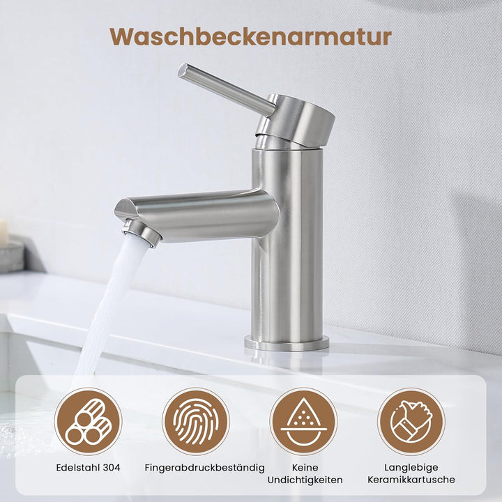 KPW Waschtischarmatur Edelstahl Gebürstet, Bad Wasserhahn mit 79mm Auslaufhöhe, Einhand-Mischbatteri