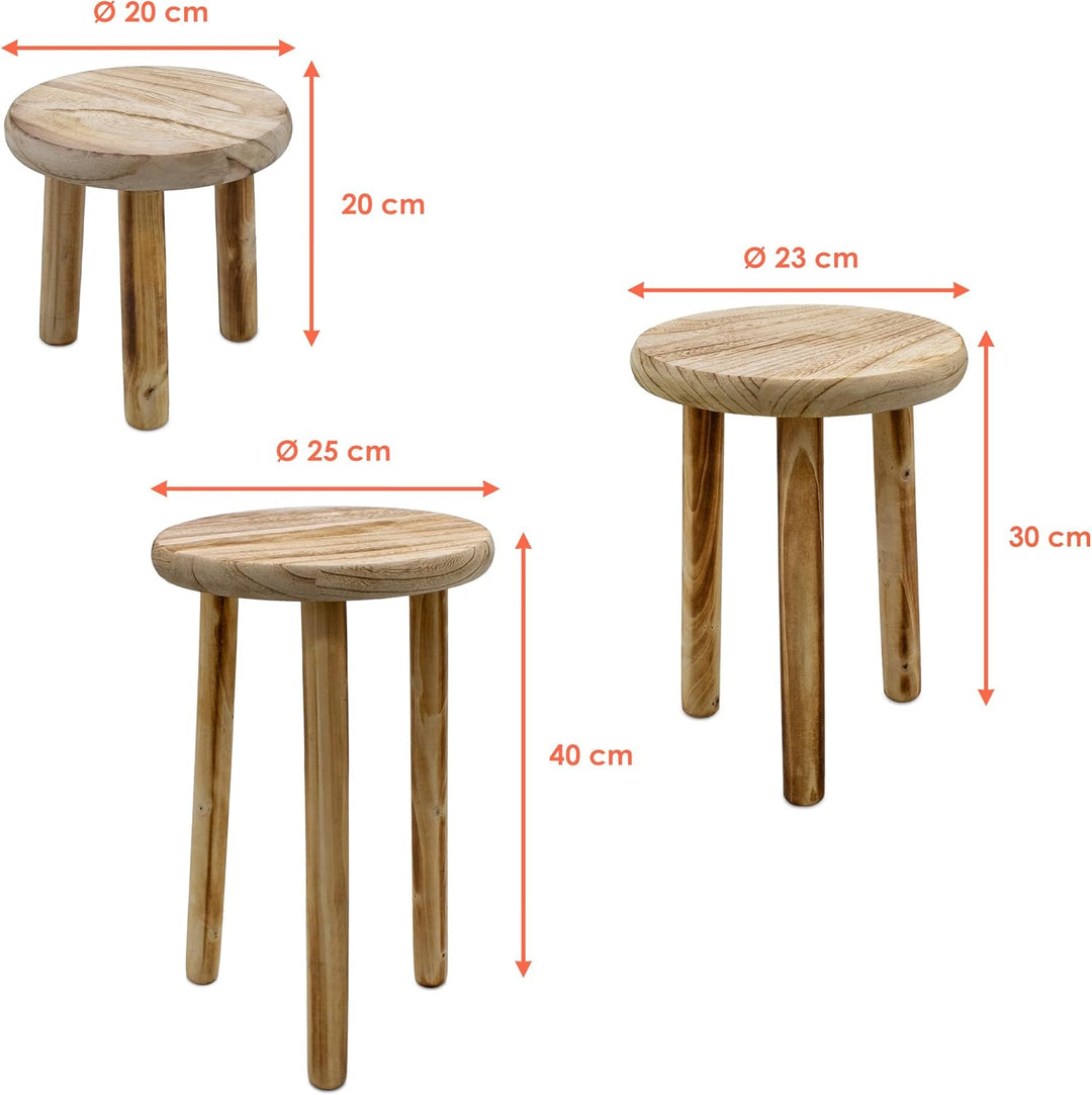 Holz Blumenhocker mit 3 Beinen geflammt 3er Set - 20 / 23 / 25 cm - Massivholz Deko Hocker rund klei