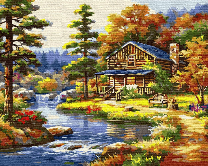 Artnapi Malen nach Zahlen Erwachsene mit Rahmen | DIY Handgemalt | Waldhäuschen am Fluss | Kit für A