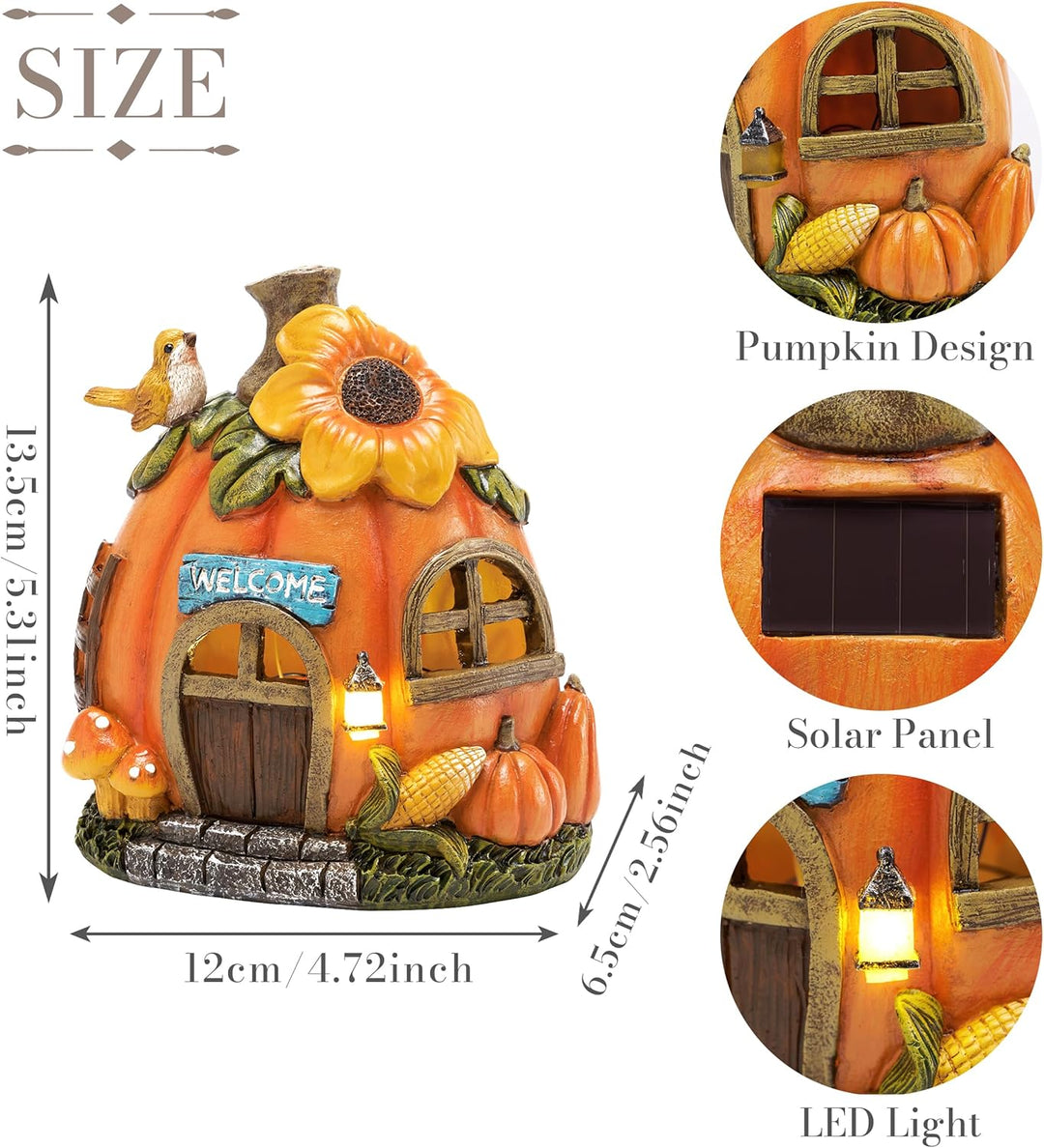 TERESA'S COLLECTIONS Herbstdeko Outdoor,Gartendeko für Draussen, Wetterfeste Kürbishaus mit Solarleu