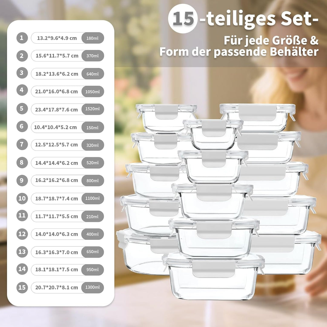 Fenger Meal Prep Boxen Glas, Glasdosen mit Deckel Set, Frischhaltedosen Glas mit Auslaufsicherer Ver