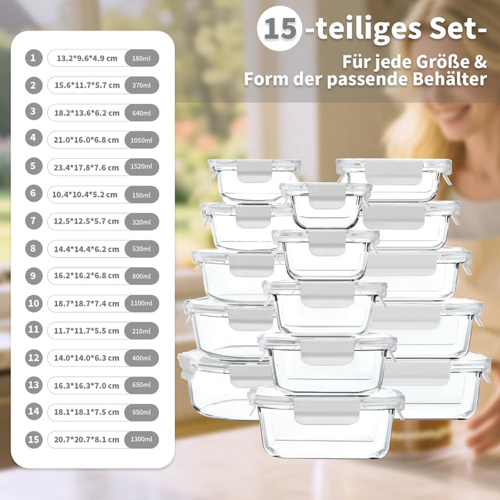 Fenger Meal Prep Boxen Glas, Glasdosen mit Deckel Set, Frischhaltedosen Glas mit Auslaufsicherer Ver