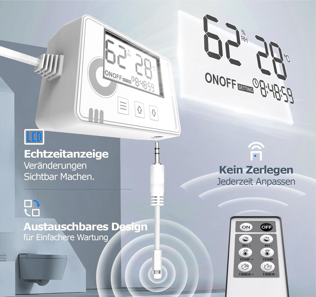 Badlüfter mit Feuchtigkeitssensor Temperatursensor Timer - WC Lüfter 100mm mit Fernbedienung, Echtze