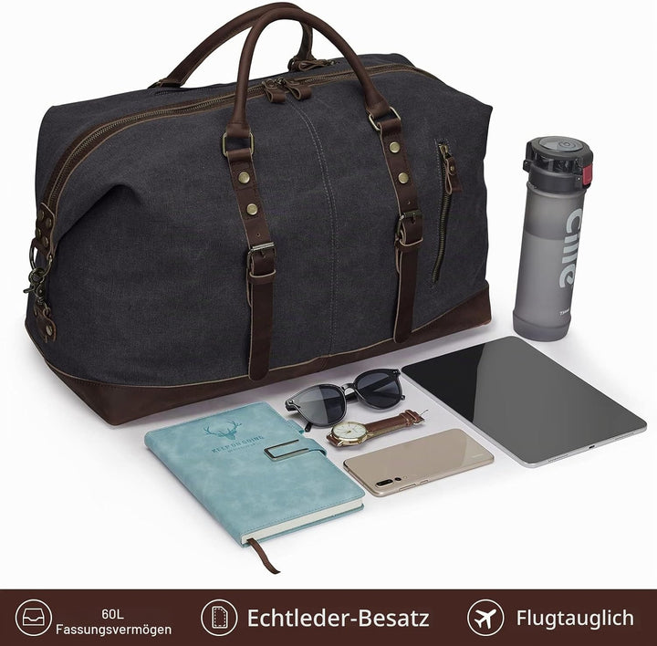 S-ZONE Reisetasche 60L Vintage Canvas Crazy Horse Leder Trim Unisex Handgepäck Weekender Tasche Spor