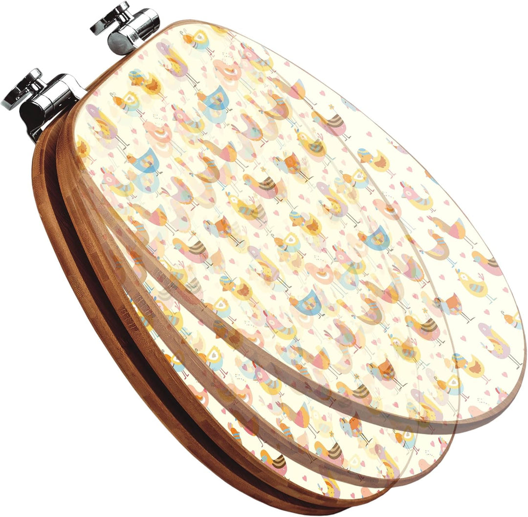 banjado® Design WC Sitz Bambus Absenkautomatik mit Motiv Lustige Vögel/Toilettendeckel mit Absenkaut