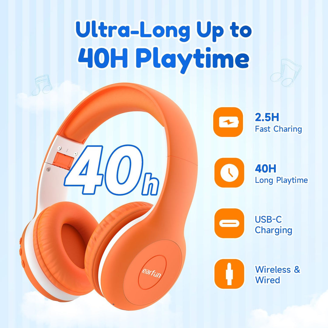 EarFun Bluetooth Kopfhörer Kinder, 85/94dB Lautstärkeregelung, HiFi Sound, HD-Mikrofon, 40 Std Akku,