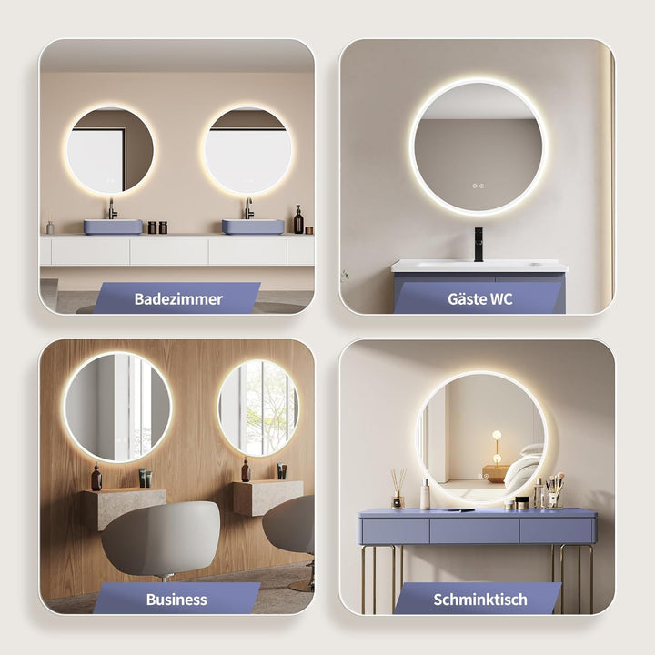 HOKO Antibeschlag LED Badspiegel rund 80 cm Bilbao mit Metall Rahmen Weiss. Touch Schalter + Memory