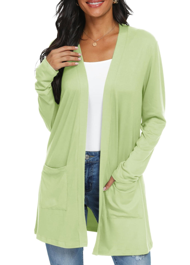QIXING Casual Leichte Strickjacke Damen Lang Elegant Dünne Strickjacke Lange Ärmel mit Taschen Open