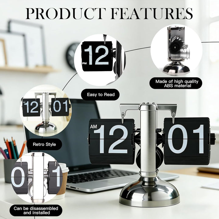 Flip Uhr Retro, Flip Schreibtischuhr, Schreibtischuhr Vintage Design, Automatisches Drehen Retro Dig