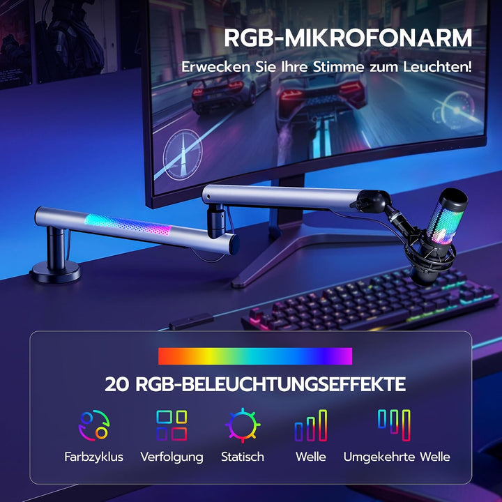 ARES WING Gaming Mikrofon Arm mit RGB Licht, Mikrofonständer mit 360° drehbarem Schwenkarm, kompatib