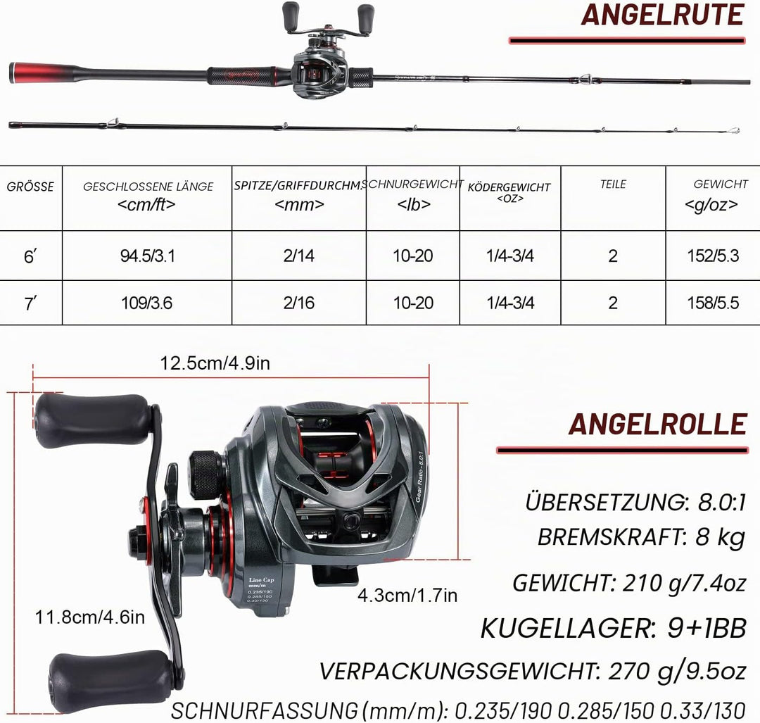 Sougayilang Angel-Kombination, mittelgross, 1,8 m, niedriges Profil, Angelrute und Köder, Gussrolle,