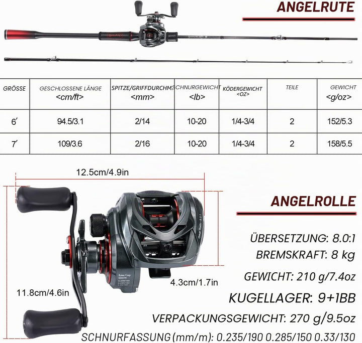 Sougayilang Angel-Kombination, mittelgross, 1,8 m, niedriges Profil, Angelrute und Köder, Gussrolle,