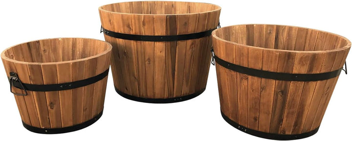 Set von 3 halbes Fass Holz Hartholz massiv rund Garden Blume Pflanzschalen Blumentöpfe
