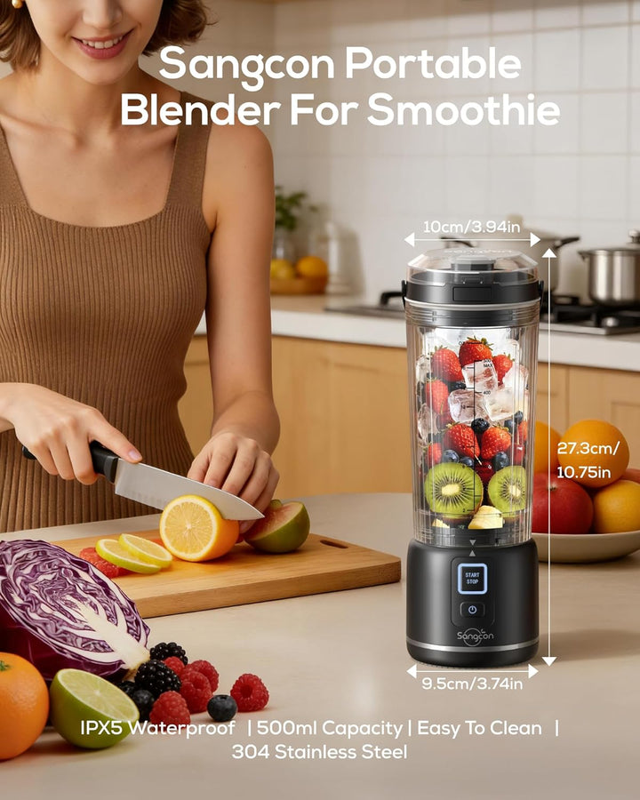 Sangcon Tragbarer Mixer 500ml, Smoothie Maker USB Wiederaufladbar, Mini Standmixer für Fitness, Büro