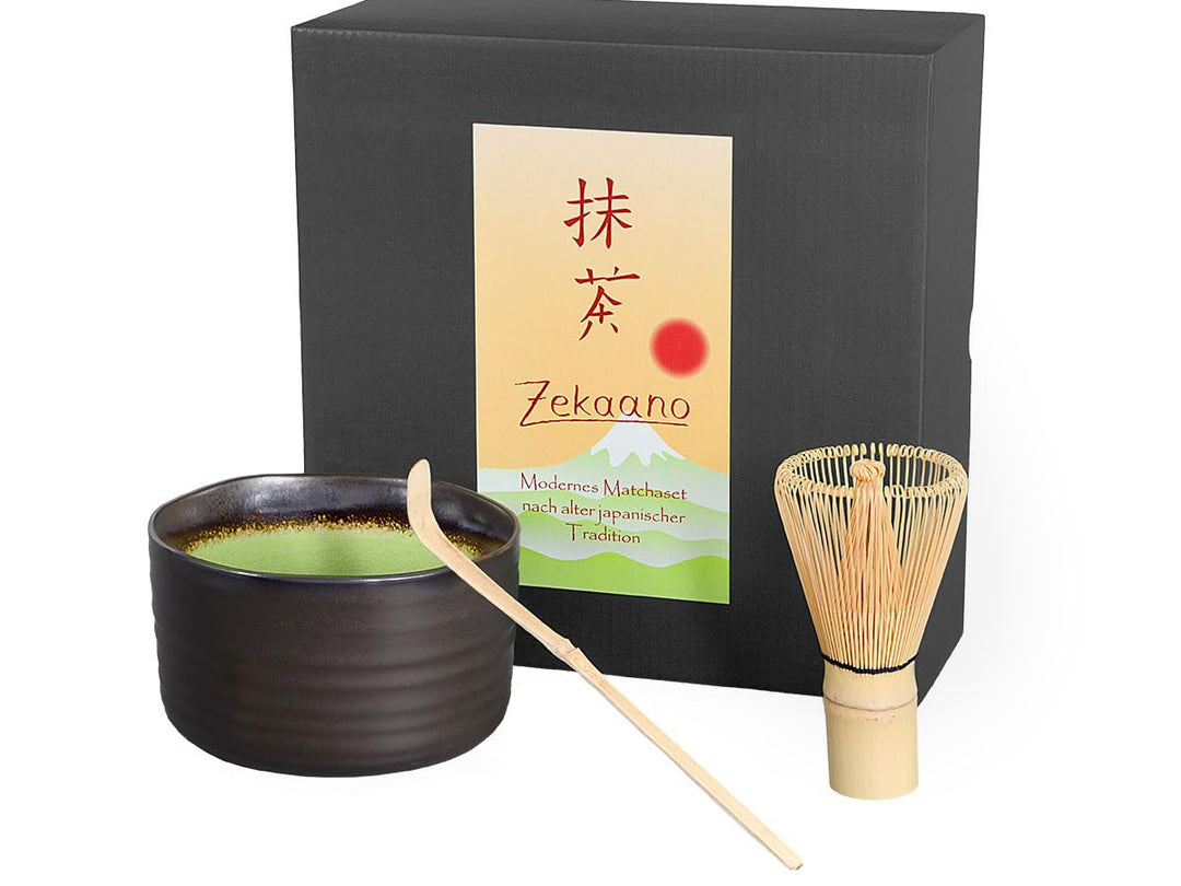 Matcha-Set 3-teilig, anthrazit/grün, bestehend aus Matcha-Schale, Matcha-löffel und Matcha-Besen (Ba