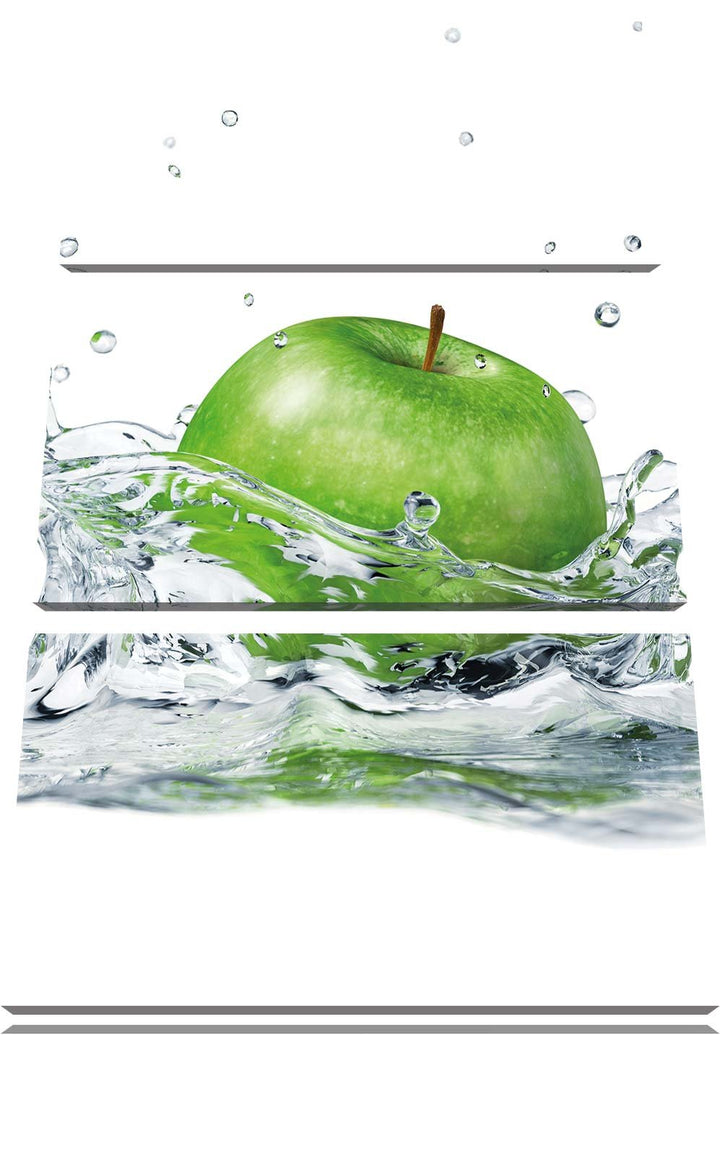 Pixxprint Grüner Apfel fällt ins Wasser als Leinwandbild/Grösse: 3 Teilig (120x80) cm/Wandbild/Kunst