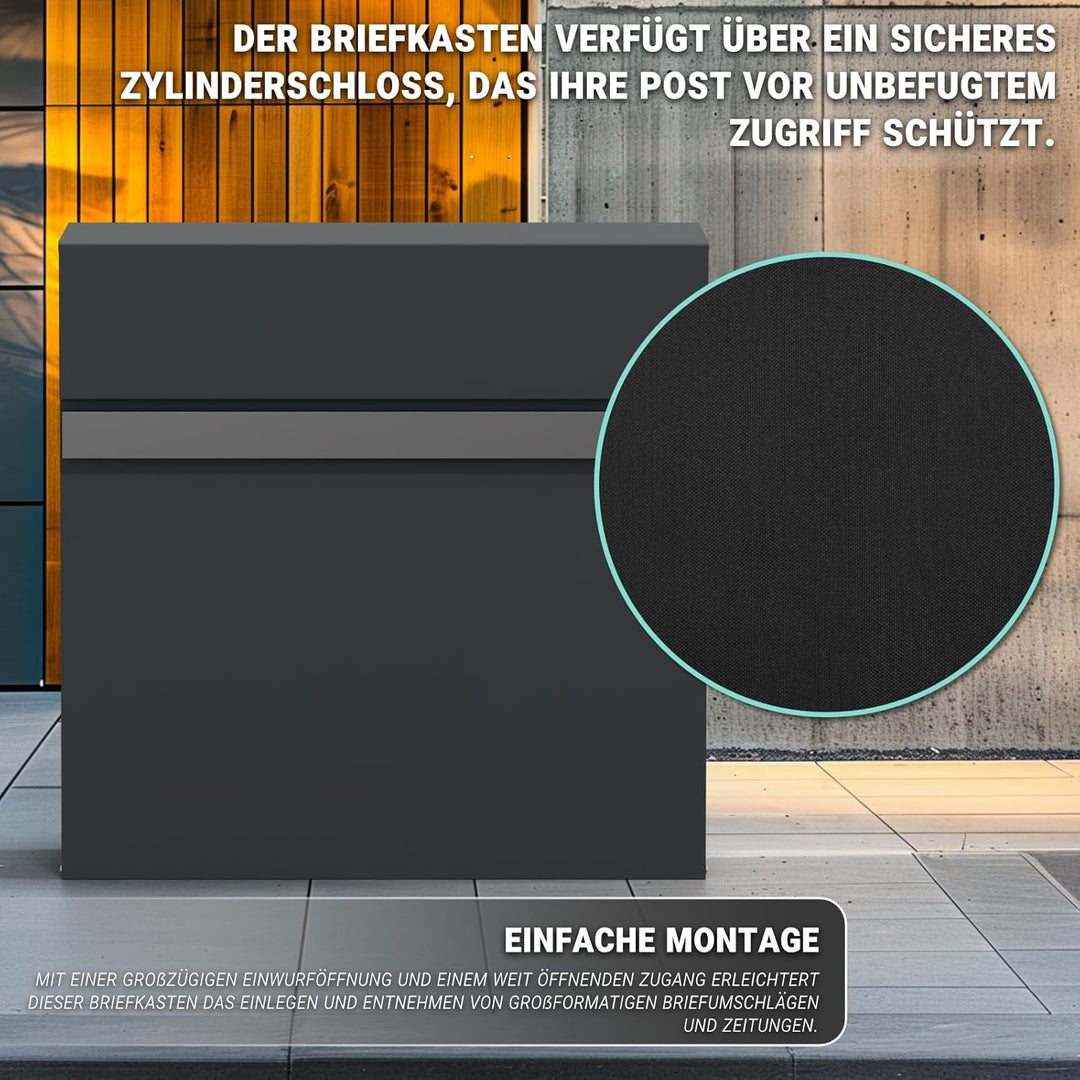 Briefkasten | Anthrazit | Pulverbeschichteter Stahl | Sicherheitszylinderschloss | Grosse Einwurföff