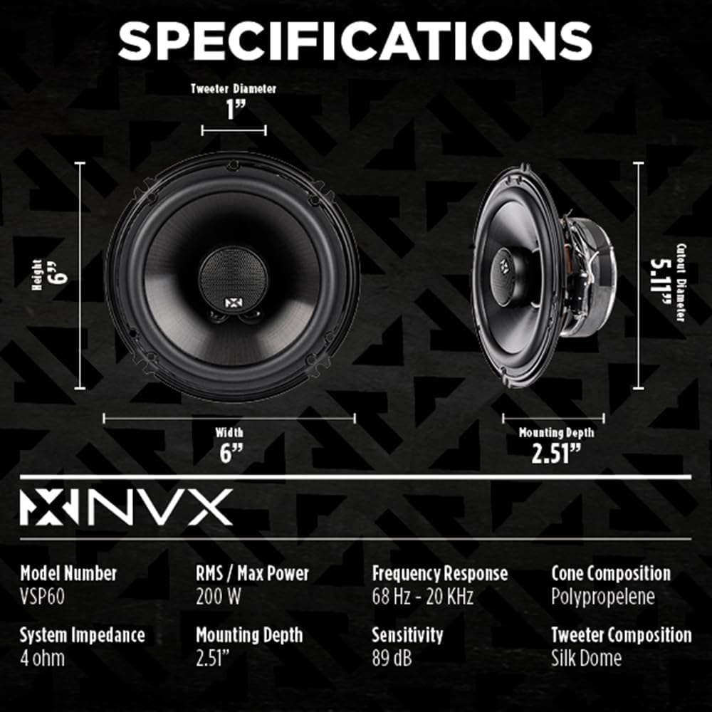 NVX® 2-Wege Koaxial Auto-Lautsprecher [V-Serie] mit Silk Dome Hochtöner, Set von 2 6 inch Coaxial, 6