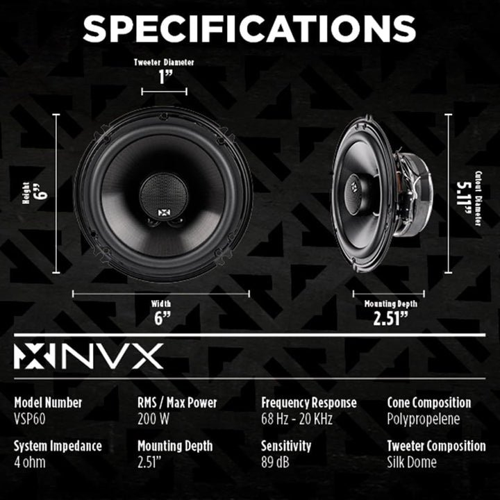 NVX® 2-Wege Koaxial Auto-Lautsprecher [V-Serie] mit Silk Dome Hochtöner, Set von 2 6 inch Coaxial, 6