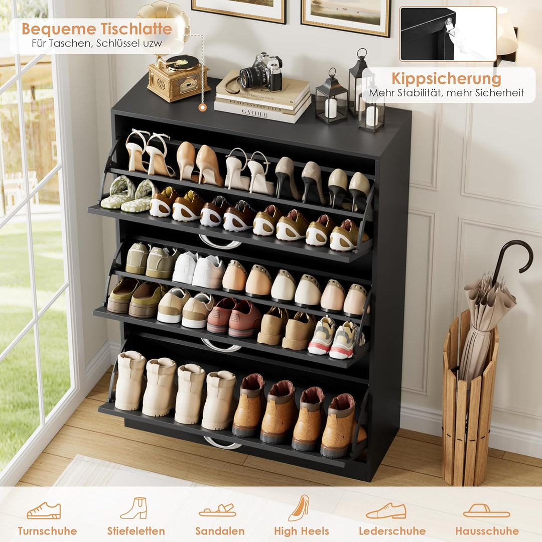 FirFurd Schuhschrank schwarz mit Schuhkipper für 12-24 Parre, Schuhregal platzsparend für Schuhaufbe