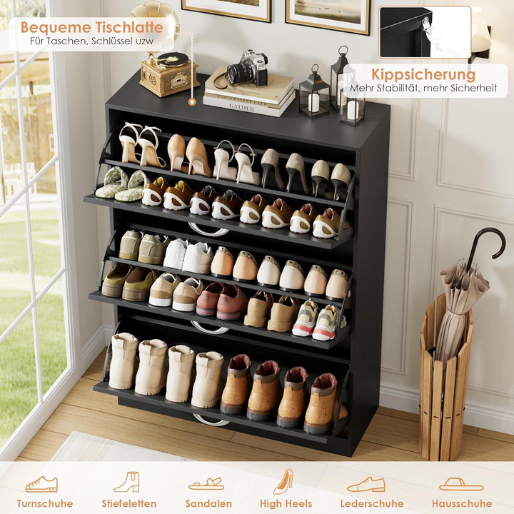 FirFurd Schuhschrank schwarz mit Schuhkipper für 12-24 Parre, Schuhregal platzsparend für Schuhaufbe
