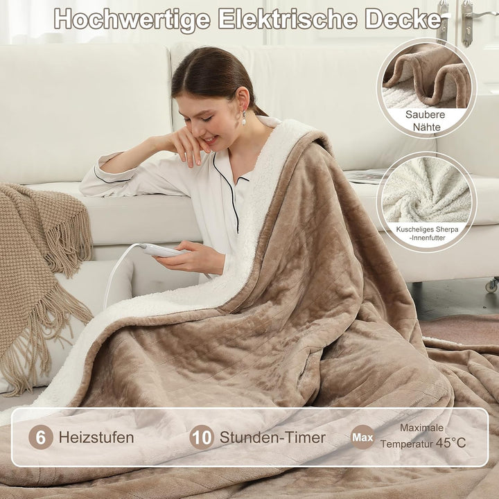 COZYTY Heizdecke mit Abschaltautomatik 130x180cm – Flanell Elektrische Wärmedecke, 6 Heizstufen &10-